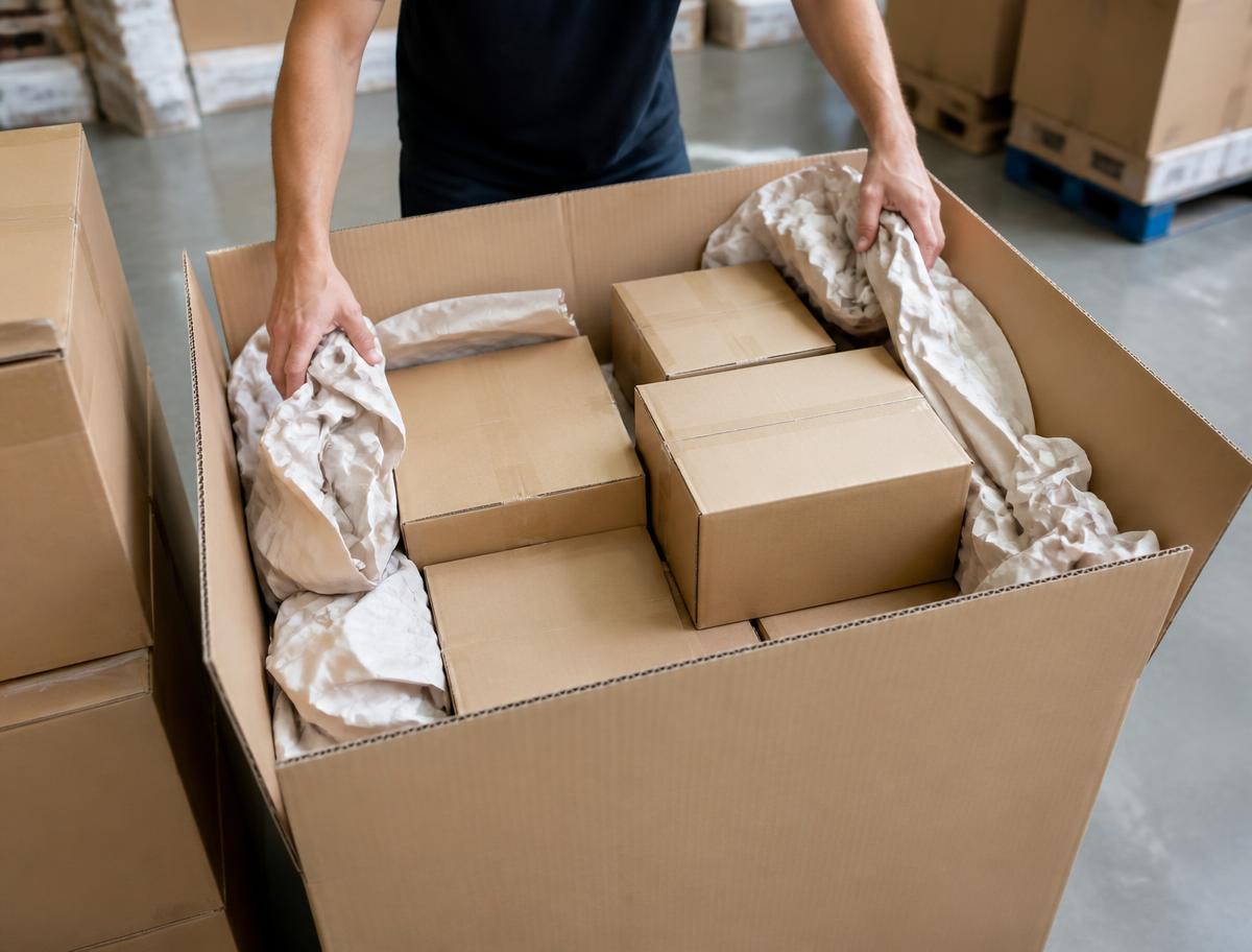 Consolidación de varias cajas pequeñas dentro de una caja mayor en bodega.