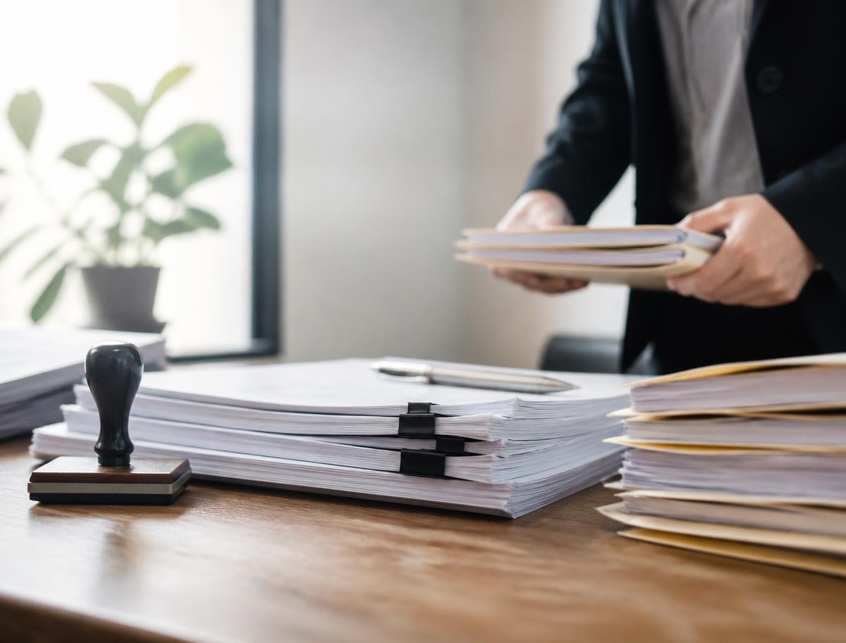 Documentos oficiales y sello sobre un escritorio de oficina.