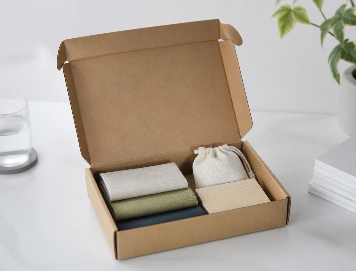 Caja con muestras de producto listas para enviar al cliente.