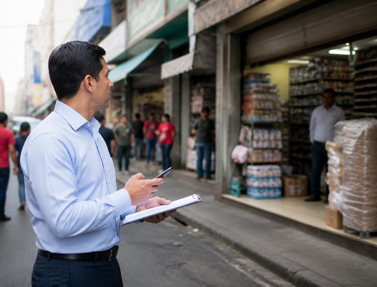 Especialista verificando un proveedor en una calle comercial de la Ciudad de México.